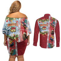 New Zealand Merry Christmas Couples Matching Off Shoulder Short Dress and Long Sleeve Button Shirt Maori Animals, Koru Tattoo - Red Xmas Style LT03 - Polynesian Pride