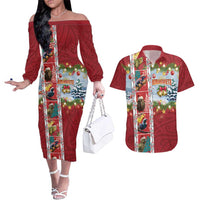 New Zealand Merry Christmas Couples Matching Off The Shoulder Long Sleeve Dress and Hawaiian Shirt Maori Animals, Koru Tattoo - Red Xmas Style LT03 Red - Polynesian Pride