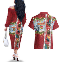 New Zealand Merry Christmas Couples Matching Off The Shoulder Long Sleeve Dress and Hawaiian Shirt Maori Animals, Koru Tattoo - Red Xmas Style LT03 - Polynesian Pride