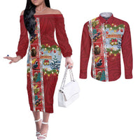 New Zealand Merry Christmas Couples Matching Off The Shoulder Long Sleeve Dress and Long Sleeve Button Shirt Maori Animals, Koru Tattoo - Red Xmas Style LT03 Red - Polynesian Pride