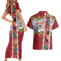New Zealand Merry Christmas Couples Matching Short Sleeve Bodycon Dress and Hawaiian Shirt Maori Animals, Koru Tattoo - Red Xmas Style LT03 - Polynesian Pride