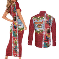 New Zealand Merry Christmas Couples Matching Short Sleeve Bodycon Dress and Long Sleeve Button Shirt Maori Animals, Koru Tattoo - Red Xmas Style LT03 - Polynesian Pride