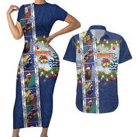 New Zealand Merry Christmas Couples Matching Short Sleeve Bodycon Dress and Hawaiian Shirt Maori Animals, Koru Tattoo - Blue Xmas Style LT03 Blue - Polynesian Pride