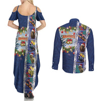 New Zealand Merry Christmas Couples Matching Summer Maxi Dress and Long Sleeve Button Shirt Maori Animals, Koru Tattoo - Blue Xmas Style LT03 - Polynesian Pride