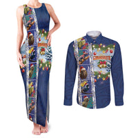 New Zealand Merry Christmas Couples Matching Tank Maxi Dress and Long Sleeve Button Shirt Maori Animals, Koru Tattoo - Blue Xmas Style LT03 Blue - Polynesian Pride