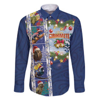 New Zealand Merry Christmas Family Matching Mermaid Dress and Hawaiian Shirt Maori Animals, Koru Tattoo - Blue Xmas Style LT03 Dad's Shirt - Long Sleeve Blue - Polynesian Pride