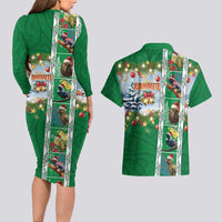 New Zealand Merry Christmas Couples Matching Long Sleeve Bodycon Dress and Hawaiian Shirt Maori Animals, Koru Tattoo - Green Xmas Style LT03 - Polynesian Pride