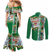 New Zealand Merry Christmas Couples Matching Mermaid Dress and Long Sleeve Button Shirt Maori Animals, Koru Tattoo - Green Xmas Style LT03 - Polynesian Pride