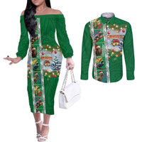 New Zealand Merry Christmas Couples Matching Off The Shoulder Long Sleeve Dress and Long Sleeve Button Shirt Maori Animals, Koru Tattoo - Green Xmas Style LT03 Green - Polynesian Pride