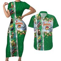 New Zealand Merry Christmas Couples Matching Short Sleeve Bodycon Dress and Hawaiian Shirt Maori Animals, Koru Tattoo - Green Xmas Style LT03 Green - Polynesian Pride