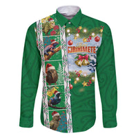 New Zealand Merry Christmas Family Matching Summer Maxi Dress and Hawaiian Shirt Maori Animals, Koru Tattoo - Green Xmas Style LT03 Dad's Shirt - Long Sleeve Green - Polynesian Pride