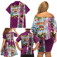 New Zealand Merry Christmas Family Matching Off Shoulder Short Dress and Hawaiian Shirt Maori Animals, Koru Tattoo - Pink Xmas Style LT03 - Polynesian Pride