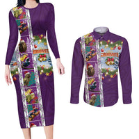 New Zealand Merry Christmas Couples Matching Long Sleeve Bodycon Dress and Long Sleeve Button Shirt Maori Animals, Koru Tattoo - Purple Xmas Style LT03 Purple - Polynesian Pride