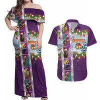 New Zealand Merry Christmas Couples Matching Off Shoulder Maxi Dress and Hawaiian Shirt Maori Animals, Koru Tattoo - Purple Xmas Style LT03 Purple - Polynesian Pride