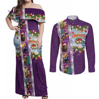 New Zealand Merry Christmas Couples Matching Off Shoulder Maxi Dress and Long Sleeve Button Shirt Maori Animals, Koru Tattoo - Purple Xmas Style LT03 Purple - Polynesian Pride