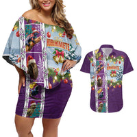 New Zealand Merry Christmas Couples Matching Off Shoulder Short Dress and Hawaiian Shirt Maori Animals, Koru Tattoo - Purple Xmas Style LT03 Purple - Polynesian Pride