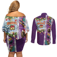 New Zealand Merry Christmas Couples Matching Off Shoulder Short Dress and Long Sleeve Button Shirt Maori Animals, Koru Tattoo - Purple Xmas Style LT03 - Polynesian Pride