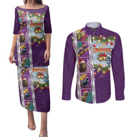 New Zealand Merry Christmas Couples Matching Puletasi and Long Sleeve Button Shirt Maori Animals, Koru Tattoo - Purple Xmas Style LT03 Purple - Polynesian Pride