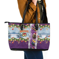 New Zealand Merry Christmas Leather Tote Bag Maori Animals, Koru Tattoo - Purple Xmas Style