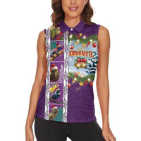 New Zealand Merry Christmas Women Sleeveless Polo Shirt Maori Animals, Koru Tattoo - Purple Xmas Style LT03 - Polynesian Pride