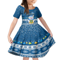 Tuvalu Christmas Family Matching Puletasi Dress and Hawaiian Shirt Snowman Hugs Tuvalu Coat of Arms Maori Pattern Blue Style LT03 Daughter's Dress Blue - Polynesian Pride