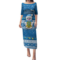 Tuvalu Christmas Family Matching Puletasi Dress and Hawaiian Shirt Snowman Hugs Tuvalu Coat of Arms Maori Pattern Blue Style LT03 Mom's Dress Blue - Polynesian Pride