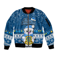 Personalised Tuvalu Christmas Sleeve Zip Bomber Jacket Snowman Hugs Tuvalu Coat of Arms Maori Pattern Blue Style LT03 Unisex Blue - Polynesian Pride