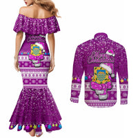 Tuvalu Christmas Couples Matching Mermaid Dress and Long Sleeve Button Shirt Snowman Hugs Tuvalu Coat of Arms Maori Pattern Pink Style LT03 - Polynesian Pride