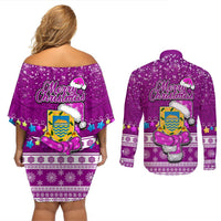 Tuvalu Christmas Couples Matching Off Shoulder Short Dress and Long Sleeve Button Shirt Snowman Hugs Tuvalu Coat of Arms Maori Pattern Pink Style LT03 - Polynesian Pride