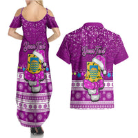 Personalised Tuvalu Christmas Couples Matching Summer Maxi Dress and Hawaiian Shirt Snowman Hugs Tuvalu Coat of Arms Maori Pattern Pink Style LT03 - Polynesian Pride