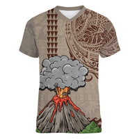 Hawaii Women V Neck T Shirt Aloha Volcano Mix Kakau Hawaiian Tribal LT03 Female Beige - Polynesian Pride