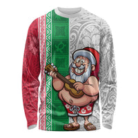 Custom Hawaii Mele Kalikimaka Long Sleeve Shirt Santa Playing Ukele Mix Kakau Pattern Xmas Style LT03 Unisex Red - Polynesian Pride
