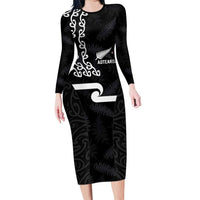 New Zealand Rugby Custom Family Matching Long Sleeve Bodycon Dress and Hawaiian Shirt The Champions Aotearoa LT03 Mom's Dress Black - Polynesian Pride