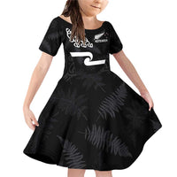 New Zealand Rugby Custom Family Matching Off Shoulder Short Dress and Hawaiian Shirt The Champions Aotearoa LT03 Daughter's Dress Black - Polynesian Pride