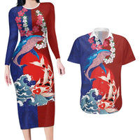 Hawaiian and Japanese Together Couples Matching Long Sleeve Bodycon Dress and Hawaiian Shirt The Whale and Koi Fish with Hinomaru and Lei LT03 Blue - Polynesian Pride
