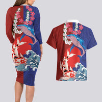Hawaiian and Japanese Together Couples Matching Long Sleeve Bodycon Dress and Hawaiian Shirt The Whale and Koi Fish with Hinomaru and Lei LT03 - Polynesian Pride