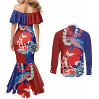 Hawaiian and Japanese Together Couples Matching Mermaid Dress and Long Sleeve Button Shirt The Whale and Koi Fish with Hinomaru and Lei LT03 - Polynesian Pride