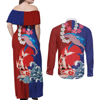 Hawaiian and Japanese Together Couples Matching Off Shoulder Maxi Dress and Long Sleeve Button Shirt The Whale and Koi Fish with Hinomaru and Lei LT03 - Polynesian Pride