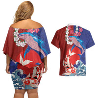 Hawaiian and Japanese Together Couples Matching Off Shoulder Short Dress and Hawaiian Shirt The Whale and Koi Fish with Hinomaru and Lei LT03 - Polynesian Pride