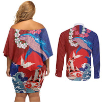 Hawaiian and Japanese Together Couples Matching Off Shoulder Short Dress and Long Sleeve Button Shirt The Whale and Koi Fish with Hinomaru and Lei LT03 - Polynesian Pride