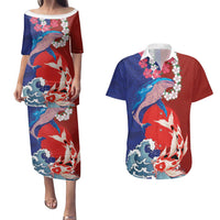 Hawaiian and Japanese Together Couples Matching Puletasi and Hawaiian Shirt The Whale and Koi Fish with Hinomaru and Lei LT03 Blue - Polynesian Pride