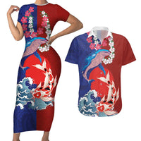 Hawaiian and Japanese Together Couples Matching Short Sleeve Bodycon Dress and Hawaiian Shirt The Whale and Koi Fish with Hinomaru and Lei LT03 Blue - Polynesian Pride