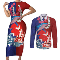 Hawaiian and Japanese Together Couples Matching Short Sleeve Bodycon Dress and Long Sleeve Button Shirt The Whale and Koi Fish with Hinomaru and Lei LT03 Blue - Polynesian Pride