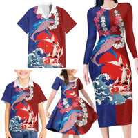 Hawaiian and Japanese Together Family Matching Long Sleeve Bodycon Dress and Hawaiian Shirt The Whale and Koi Fish with Hinomaru and Lei LT03 - Polynesian Pride