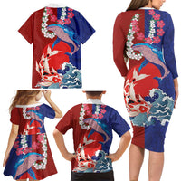 Hawaiian and Japanese Together Family Matching Long Sleeve Bodycon Dress and Hawaiian Shirt The Whale and Koi Fish with Hinomaru and Lei LT03 - Polynesian Pride