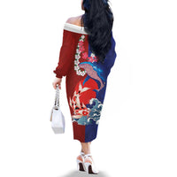 Hawaiian and Japanese Together Family Matching Off The Shoulder Long Sleeve Dress and Hawaiian Shirt The Whale and Koi Fish with Hinomaru and Lei LT03 - Polynesian Pride