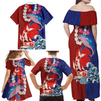 Hawaiian and Japanese Together Family Matching Off Shoulder Maxi Dress and Hawaiian Shirt The Whale and Koi Fish with Hinomaru and Lei LT03 - Polynesian Pride