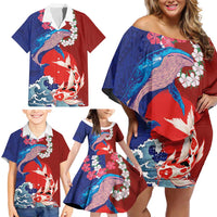 Hawaiian and Japanese Together Family Matching Off Shoulder Short Dress and Hawaiian Shirt The Whale and Koi Fish with Hinomaru and Lei LT03 - Polynesian Pride