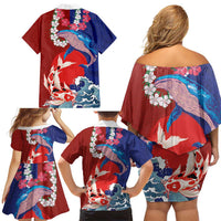 Hawaiian and Japanese Together Family Matching Off Shoulder Short Dress and Hawaiian Shirt The Whale and Koi Fish with Hinomaru and Lei LT03 - Polynesian Pride