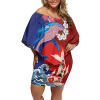 Hawaiian and Japanese Together Family Matching Off Shoulder Short Dress and Hawaiian Shirt The Whale and Koi Fish with Hinomaru and Lei LT03 Mom's Dress Blue - Polynesian Pride